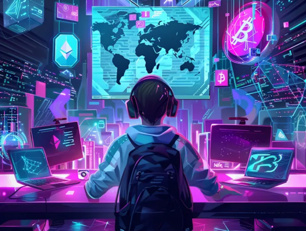 child with a backpack in front of gaming and crypto screens and a world map