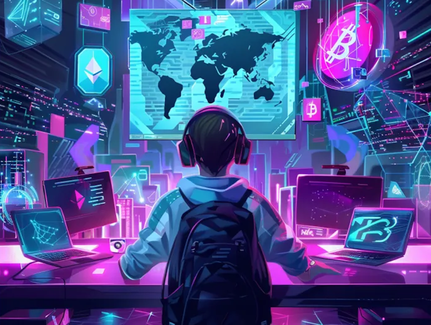 child with a backpack in front of gaming and crypto screens and a world map